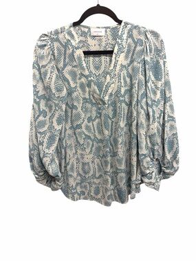 Anthro Adrienne Animal Print Blouse Blue Ivory Snake V-Neck‎ Puff Sleeve Small